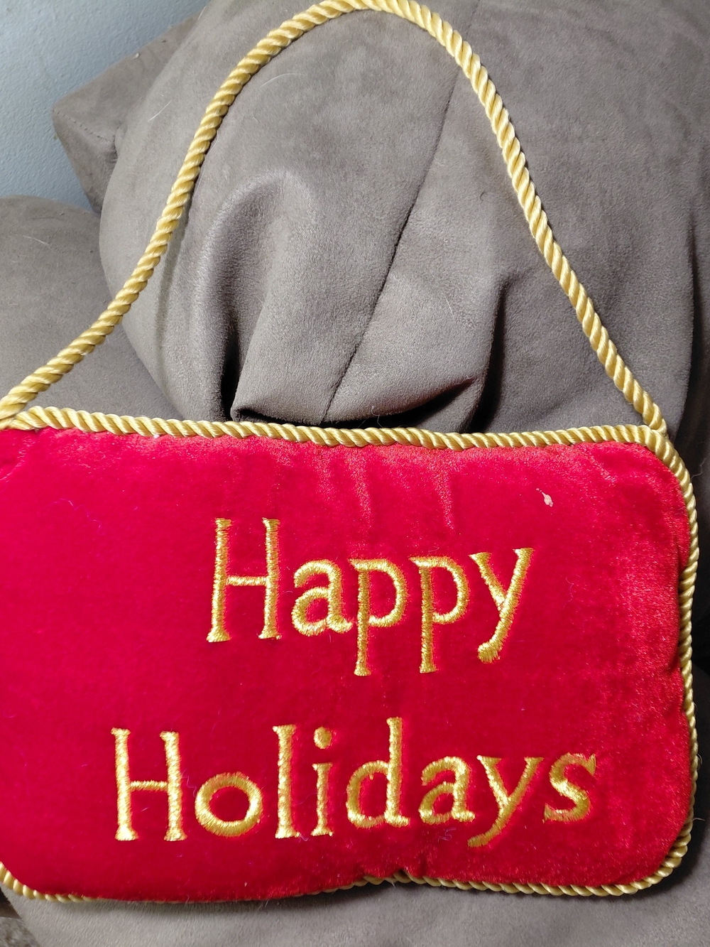 Happy Holidays Red Velvet Hanging Sign with Gold Embroidery